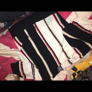 black, white, red striped tee